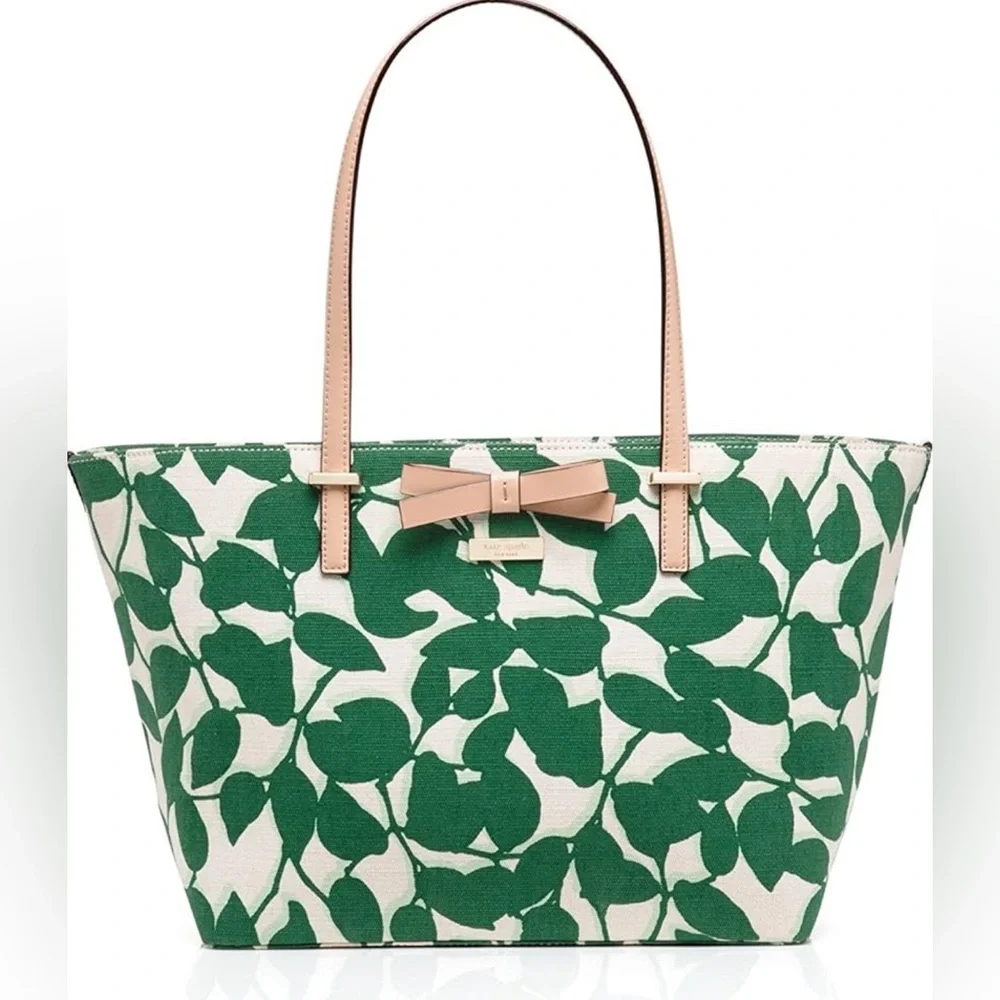 kate spade Cream Tote with Green Leaf Print and Blush Handles